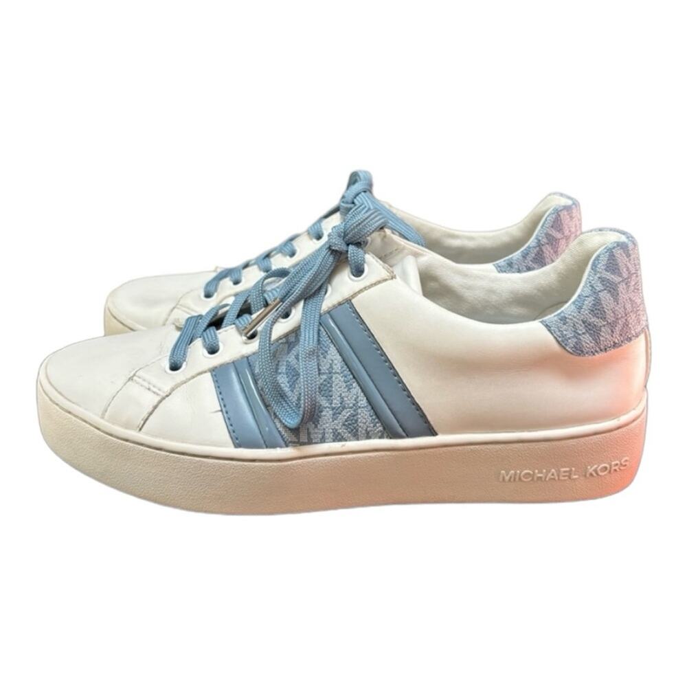 Michael Kors Poppy Logo Stripe Lace Up Sneakers Women’s 8.5 White Blue